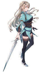 1girl achan_(blue_semi) aqua_eyes aqua_shirt arm_belt belt black_bustier black_garter_straps black_gloves black_shorts black_thighhighs blue_belt braid breasts brown_hair chinese_commentary closed_mouth collared_shirt crown_braid earrings eiyuu_densetsu elaine_auclair expressionless from_side full_body garter_straps gloves high_heels highres holding holding_sword holding_weapon jewelry kai_no_kiseki kuro_no_kiseki_(series) long_hair looking_at_viewer medium_breasts profile shirt shoes short_shorts shorts simple_background single_glove solo standing sword thighhighs weapon white_background white_shoes wing_collar zettai_ryouiki