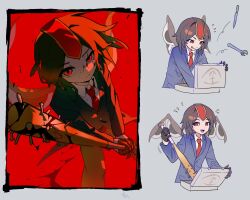 1other :d androgynous baseball_bat black_gloves blood blood_on_face blood_splatter bloody_weapon blue_jacket briefcase brown_hair brown_pants business_suit claws closed_mouth collared_jacket collared_shirt commentary cropped_torso eye_of_senri favnvs_(s910a_ib6) floating_clothes flying_sweatdrops formal_clothes gloves grey_background half_gloves hashtag-only_commentary hat headgear highres holding holding_baseball_bat holding_briefcase jacket knife kokutenshi_hibaru lapels len&#039;en looking_at_viewer multiple_views nail nail_(hardware) nail_bat necktie notched_lapels notice_lines open_mouth other_focus pants red_eyes red_hat red_necktie shirt short_hair smile suit throwing tongue tongue_out weapon white_shirt wings