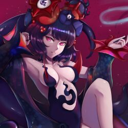 Rule 34 | 1girl, bare shoulders, breasts, caiman pool, center opening, cleavage, commentary request, dress, fate/grand order, fate (series), flower, hair flower, hair ornament, highres, holding, holding smoking pipe, katsushika hokusai (fate), katsushika hokusai (third ascension) (fate), knee up, looking at viewer, medium breasts, parted lips, purple dress, purple eyes, purple hair, red background, short hair, smoke, smoking pipe, solo, teeth, tentacles