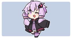 1girl ;d black_hoodie black_shoes blue_background blush border chibi chibi_only dress full_body hair_ornament hood hoodie ini_(inunabe00) long_sleeves looking_at_viewer one_eye_closed open_clothes open_hoodie open_mouth outline outside_border purple_dress purple_hair purple_thighhighs shoes short_hair_with_long_locks simple_background sleeves_past_fingers sleeves_past_wrists smile solo standing thighhighs vocaloid voiceroid white_border white_outline yuzuki_yukari