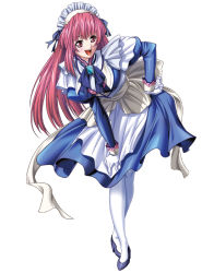 1girl bent_over crossed_legs dress female_focus gloves hand_on_own_hip high_heels hip_focus long_hair lycoris_radiata maid original pantyhose red_eyes red_hair shoes sitting solo tsuzuri_(lycoris_radiata) very_long_hair white_pantyhose yokota_mamoru