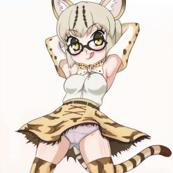 1girl animal_ears arms_behind_head arms_up blood blush bow bowtie breasts brown_hair cameltoe cat_ears cat_girl cat_tail crotch_seam gloves kemono_friends looking_at_viewer margay_(kemono_friends) margay_ears margay_tail medium_breasts nosebleed orange_bow orange_bowtie orange_gloves orange_skirt orange_thighhighs panties pink_panties polka_dot polka_dot_bow polka_dot_bowtie polka_dot_gloves shirt short_hair skirt sleeveless sleeveless_shirt smile standing t_jiroo_(ringofriend) tail thighhighs tongue tongue_out underwear white_background white_shirt wind wind_lift yellow_eyes