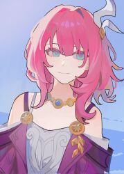 1girl bare_shoulders blue_eyes blue_sky breasts coat cyrene_(honkai:_star_rail) dress hair_ornament hashtag-only_commentary highres honkai:_star_rail honkai_(series) jewelry medium_hair necklace pink_hair pink_pupils purple_coat selvha sky small_breasts smile solo upper_body white_dress