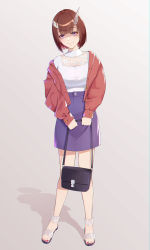 1girl alternate_costume bag bob_cut breasts broken_horn brown_hair casual commentary_request contemporary demon_horns eriko_(princess_connect!) female_focus gradient_background grey_background handbag high-waist_skirt highres holding holding_bag horns jacket large_breasts looking_at_viewer nail_polish no_tail princess_connect! purple_eyes purple_skirt red_jacket red_nails sandals shaded_face shadow shirt short_hair skirt solo toenail_polish toenails wakagon0727 white_sandals white_shirt