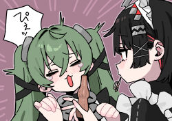 Rule 34 | 2girls, :3, absurdres, andii (anzai teachco), black hair, blush, closed eyes, colored inner hair, corin wickes, ellen joe, green hair, hairband, highres, maid, maid headdress, metal hairband, mole, mole under eye, multicolored hair, multiple girls, red eyes, screw hair ornament, simple background, soda bottle, spiked headband, surprised, tears, zenless zone zero