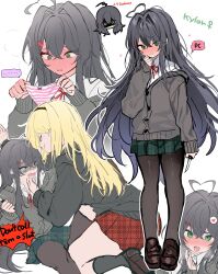 ... 2girls @_@ absurdres ahoge black_hair black_pantyhose black_socks blonde_hair blush cardigan collared_shirt crossed_bangs degrees_of_lewdity dot_nose english_text green_eyes hair_between_eyes heart highres holding holding_knife holding_panties holding_underwear holding_unworn_clothes knife kylar_(degrees_of_lewdity) kylar_(female)_(degrees_of_lewdity) long_hair long_sleeves looking_at_viewer migishita multiple_girls multiple_views off_shoulder open_mouth panties pantyhose plaid_clothes plaid_skirt school_uniform shaded_face shirt shoes simple_background skirt socks spoken_ellipsis spoken_heart standing striped_clothes striped_panties sweat tongue tongue_out underwear very_long_hair wavy_mouth white_background white_shirt whitney_(degrees_of_lewdity) whitney_(female)_(degrees_of_lewdity)
