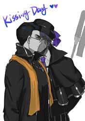 Rule 34 | 2boys, absurdres, black capelet, black coat, black hair, black hat, bow, capelet, coat, collared shirt, dieci association south uniform, glasses, hat, heathcliff (project moon), highres, killerohan, kiss, kissing cheek, limbus company, long sleeves, looking at another, male focus, meursault (project moon), multiple boys, necktie, oufi association south uniform, partially colored, project moon, purple bow, purple necktie, shirt, short hair, simple background, standing, upper body, white background, white shirt, yaoi, yellow stole