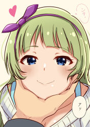 1boy 1girl absurdres blue_eyes blue_tank_top blunt_bangs blush breasts chin_on_palm_challenge cleavage collarbone eyelashes green_hair hair_ribbon hairband heart highres idolmaster idolmaster_million_live! idolmaster_million_live!_theater_days long_hair looking_at_viewer natsuki_p off-shoulder_sweater off_shoulder pov pov_hands purple_hairband ribbon shimabara_elena smile sweater tank_top white_background