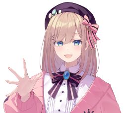 1girl :3 absurdres aqua_eyes badge beret blue_gemstone blush bokuhakiyoshi bow bowtie brown_hair button_badge cardigan center_frills collared_shirt fingernails frills gem hair_ornament hairclip hashtag-only_commentary hat hat_bow highres jewelry long_sleeves looking_at_viewer medium_hair nail_polish nijisanji open_mouth pink_bow pink_bowtie pink_cardigan pink_nails purple_bow purple_bowtie purple_hat ring salute shirt simple_background smile solo striped_bow striped_bowtie striped_clothes suzuhara_lulu suzuhara_lulu_(1st_costume) swept_bangs two-tone_bow two-tone_bowtie virtual_youtuber white_background white_shirt