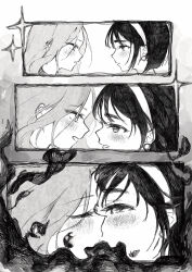2girls absurdres alien_stage bob_cut closed_eyes commentary earrings greyscale hairband highres jewelry kiss mizi_(alien_stage) monochrome multiple_girls short_hair smile sparkle sua_(alien_stage) yuri yurudokei