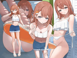 1girl :d bare_legs bare_shoulders bikini blue_shorts blush braid breasts brown_hair cleavage collarbone commentary convenient_censoring cowboy_shot denim denim_shorts flower full_body grey_eyes groin hair_flower hair_ornament hairclip hanasato_minori hand_on_own_thigh hand_up highres holding leaning_back leaning_forward legs_up looking_at_viewer lying medium_hair midriff multiple_views navel on_back on_bed open_mouth parallel_hairclips parted_lips project_sekai ruffle_bikini scrunchie short_shorts shorts side_braid sidelocks small_breasts smile spaghetti_strap standing stomach sweat swimsuit unworn_bikini_bottom usagi_melon3 v white_bikini white_scrunchie wrist_scrunchie