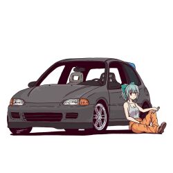 1girl aqua_bow aqua_hair bow brown_footwear closed_mouth commentary english_commentary hair_bow holding holding_wrench honda honda_civic jestami jumpsuit jumpsuit_around_waist kantai_collection looking_at_viewer medium_hair orange_eyes orange_jumpsuit ponytail signature simple_background solo tank_top vehicle_focus white_background white_tank_top wrench yuubari_(anime)_(kancolle) yuubari_(kancolle)