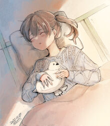 1girl artist_name blanket brown_hair closed_eyes commentary_request dated grey_sweater kaga_(kancolle) kantai_collection kirisawa_juuzou long_hair lying on_back pillow side_ponytail sleeping solo stuffed_animal stuffed_bird stuffed_toy sweater tatami upper_body