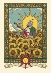 1boy absurdres armor banner blood border chainmail cloud commentary dark_souls_(series) dark_souls_i english_commentary field flower flower_field helm helmet highres impaled injury ives_navarro knight male_focus ornate_border outstretched_arm plume red_plume sky solaire_of_astora solo sun sunflower sword tabard weapon yellow_flower