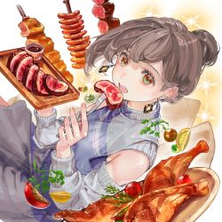 1girl absurdres brown_hair chicken_(food) chicken_leg detached_sleeves earrings eating food food_focus fork hair_bun highres iatear jewelry meat open_mouth original short_hair single_hair_bun solo steak sweater_vest teeth tomato upper_teeth_only