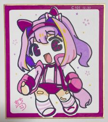 1girl :d animal_ears bandaid bandaid_on_leg black_eyes bow buruma chibi commentary_request ear_bow fingerless_gloves flower-shaped_pupils full_body gloves gym_shirt gym_uniform hair_between_eyes hairband haru_urara_(umamusume) highres horse_ears horse_girl horse_tail jacket kneehighs moko39_takasora open_clothes open_jacket open_mouth photo_(medium) pink_hair ponytail red_buruma red_gloves red_hairband shikishi shirt shoes signature smile socks solo standing striped_clothes striped_socks symbol-shaped_pupils tail traditional_media umamusume white_bow white_jacket white_shirt white_shoes