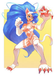 1girl animal_ears blue_eyes blue_hair body_fur border cat_ears cat_girl cat_tail claws clenched_hand darkstalkers eyelashes fang felicia_(darkstalkers) fighting_stance full_body long_hair navel pawpads standing tail very_long_hair white_border yuza