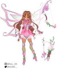 1girl alternate_costume arrow_(projectile) bad_id bad_twitter_id bare_shoulders blonde_hair blue_wings boots bow bow_(weapon) bowtie braid breasts brown_hair chocofish cleavage cleavage_cutout closed_mouth clothing_cutout commentary cross-laced_clothes cross-laced_dress dark-skinned_female dark_skin detached_sleeves dress english_commentary eyelashes eyeshadow fairy fairy_wings fingerless_gloves flora_(winx_club) flower frilled_dress frills full_body gloves green_bow green_bowtie green_eyes green_thighhighs happy high_heel_boots high_heels high_ponytail highres instagram_username juliet_sleeves knee_pads lipstick long_sleeves looking_at_viewer magical_girl makeup miniskirt multicolored_hair multiple_braids outstretched_arm oversized_wings petals pink_boots pink_dress pink_eyeshadow pink_flower pink_gloves pink_lips pink_rose pink_skirt pink_sleeves pink_wings plant pleated_skirt pointy_ears ponytail puffy_sleeves quiver reference_sheet rose see-through_clothes see-through_thighhighs short_dress sidelocks simple_background skirt skirt_under_dress sleeveless sleeveless_dress smile solo standing streaked_hair thighhighs tulip twitter_username two-tone_hair two-tone_wings vines watermark weapon white_background wings winx_club zettai_ryouiki