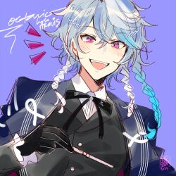 black_gloves black_jacket black_ribbon blue_background blue_hair character_name coll_(erichankun) collared_shirt conductor_baton frilled_sleeves frills gloves hair_between_eyes hair_ornament highres holding_baton holostars holostars_english jacket looking_at_viewer multicolored_hair neck_ribbon notice_lines octavio open_clothes open_jacket open_mouth pink_eyes ribbon shirt short_hair smile teeth tri_braids upper_teeth_only virtual_youtuber white_hair white_shirt