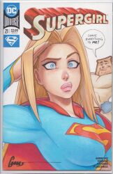 blonde_hair blue_eyes bread bread_slice breasts comic_cover dc_comics english_text food graphite_(medium) logo long_hair omar_dogan original pink_lips raised_eyebrow salute signature supergirl superhero_costume toast traditional_media wide-eyed