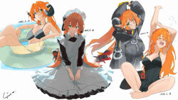 1girl absurdres alternate_costume apron arms_up beret bikini black_bikini black_hat breasts cleavage commentary_request dated enmaided green_eyes grin hat highres horns innertube long_hair long_sleeves lupinu5 magus_(zenless_zone_zero) maid maid_apron maid_headdress multiple_views orange_hair orpheus_(zenless_zone_zero) parted_lips pointy_ears signature simple_background sleepwear smile spaghetti_strap squeans swim_ring swimsuit tail white_background zenless_zone_zero zipper