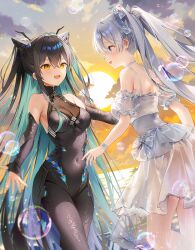 2girls aqua_hair black_bodysuit black_hair blue_eyes bodysuit cinderella_(nikke) cone_hair_bun covered_navel double_bun dutch_angle goddess_of_victory:_nikke grey_hair hair_bun highres little_mermaid_(nikke) long_hair multicolored_hair multiple_girls open_mouth streaked_hair sunset twintails two-tone_hair very_long_hair weri yellow_eyes