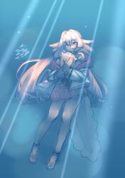 1girl axolotl_girl blonde_hair closed_mouth commentary creature dress english_commentary gon_(piesonscreation) hair_between_eyes hair_intakes highres holding holding_creature jacket lottie_shinju open_clothes open_jacket pink_dress pink_eyes pixellink sandals shell_hair_ornament smile underwater virtual_youtuber white_jacket
