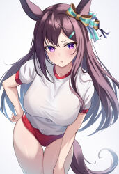 1girl absurdres alternate_costume animal_ears bent_over black_hair blush breasts buruma collarbone commentary_request hair_ornament highres horse_ears horse_girl horse_tail looking_at_viewer maimuu medium_breasts mejiro_dober_(umamusume) purple_eyes shirt solo tail thighhighs umamusume white_background
