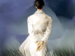 Rule 34 | 1boy, arms behind back, black hair, blue sky, coat, cowboy shot, from behind, grass, holding own hand, kim dokja, macaronijail, male focus, omniscient reader&#039;s viewpoint, short hair, sky, solo, white coat