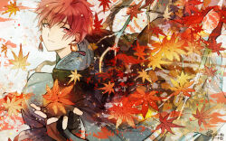 1boy autumn_leaves black_gloves closed_mouth commentary earrings fingerless_gloves gloves grey_kimono japanese_clothes jewelry kimono leaf looking_at_viewer male_focus maple_leaf matsunaka_hiro original print_kimono red_eyes red_hair short_hair solo tassel tassel_earrings