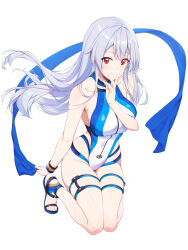 Rule 34 | 1girl, absurdres, ass, bare shoulders, blue one-piece swimsuit, blush, breasts, fate/grand order, fate (series), highleg, highleg one-piece swimsuit, highres, large breasts, long hair, looking at viewer, one-piece swimsuit, red eyes, smile, solo, swimsuit, tohoho (hoshinoyami), tomoe gozen (fate), tomoe gozen (swimsuit saber) (fate), tomoe gozen (swimsuit saber) (first ascension) (fate), white hair, white one-piece swimsuit
