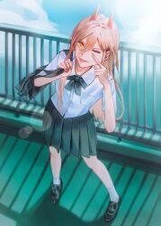 1girl :p bag baksa_030 black_shoes blonde_hair blurry bokeh bow chainsaw_man demon_horns depth_of_field fang full_body highres holding holding_bag horns index_finger_raised korean_commentary looking_at_viewer one_eye_closed pink_hair power_(chainsaw_man) red_horns school_uniform shirt shoes short_sleeves skirt socks solo tongue tongue_out white_shirt white_socks