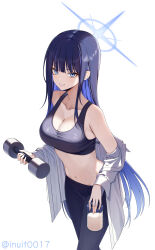 1girl absurdres black_bra black_sports_bra blue_archive blue_eyes blue_hair blue_halo bottle bra breasts cleavage collarbone collared_shirt colored_inner_hair cowboy_shot dumbbell halo highres holding holding_bottle holding_dumbbell inui_kentarou large_breasts long_hair looking_at_viewer midriff multicolored_hair navel open_clothes open_shirt pants saori_(blue_archive) shirt smile solo sports_bra sportswear sweat sweatdrop tight_clothes tight_pants track_pants underwear very_long_hair watermark white_background white_shirt