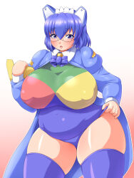 1girl 2k-tan :o adjusting_clothes adjusting_leotard belly big_belly blue_bow blue_bowtie blue_coat blue_eyes blue_hair blue_leotard blue_thighhighs bow bowtie breasts coat covered_erect_nipples fat folder glasses gradient_background green_leotard hair_between_eyes hand_up headgear holding holding_folder huge_breasts juliet_sleeves kuma_(kumahoihoi) legs_apart leotard long_sleeves maid_headdress multicolored_leotard open_clothes open_coat open_mouth os-tan outline puffy_sleeves red_leotard short_hair skindentation solo standing thick_thighs thighhighs thighs white_outline wide_hips yellow_leotard