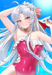 1girl absurdres ahoge arm_up armpits bare_shoulders blue_sky bow carlotta_(splashing_summer)_(wuthering_waves) carlotta_(wuthering_waves) commentary covered_navel day earrings flower frilled_one-piece_swimsuit frills grey_hair hair_bow hair_flower hair_ornament highres jewelry light_blush long_hair looking_at_viewer official_alternate_costume one-piece_swimsuit parted_bangs pink_bow pink_one-piece_swimsuit sky smile solo striped_bow sweat swimsuit symbol-only_commentary teeth twitter_username twomoon upper_body white_flower wuthering_waves