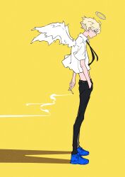 1boy absurdres angel black_necktie black_pants blonde_hair blue_eyes blue_shoes cigarette closed_mouth collared_shirt commentary_request full_body halo hand_in_pocket highres male_focus mele_ck necktie original pants profile shadow shirt shoes smoke smoking sneakers solo standing white_shirt wings yellow_background