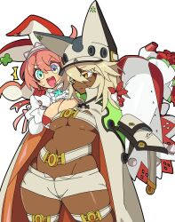2girls absurdres blonde_hair blue_eyes blush breasts cape cleavage cowboy_shot dark-skinned_female dark_skin elphelt_valentine guilty_gear guilty_gear_xrd hat hat_with_ears highres kekeken large_breasts medium_breasts medium_hair multiple_girls open_mouth pink_hair ramlethal_valentine short_hair shorts simple_background sweat white_background white_cape white_hat white_shorts yellow_eyes