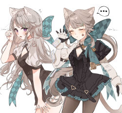 ... 1girl absurdres angry animal_ears annoyed argyle_bow argyle_clothes black_dress black_gloves bow brown_pantyhose card cat_ears cat_girl cat_tail claw_pose closed_eyes commentary cowboy_shot dress facial_mark genshin_impact gloves green_bow hand_up highres hotaboshi_yazuki huge_bow light_brown_hair long_hair looking_at_viewer lynette_(genshin_impact) multiple_views oversized_clothes pantyhose paw_pose playing_card ponytail purple_eyes sidelocks spoken_ellipsis star_(symbol) star_facial_mark tail two-tone_gloves white_gloves yaduki100