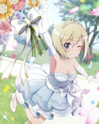 1girl alternate_costume artist_request blonde_hair blue_eyes blurry blurry_background blush bouquet breasts choker collarbone dress elbow_gloves erica_hartmann falling_petals flower gloves medium_breasts nature official_alternate_costume official_art one_eye_closed outdoors petals shoes short_hair standing strike_witches tree wedding_dress white_gloves world_witches_series