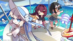 3girls bird black_hair blonde_hair blue_eyes blue_hair blue_sky blush boar braid chibi chibi_only copyright_notice crossed_legs denim denim_shorts dress earrings fate/grand_order fate_(series) flower gae_bolg_(fate) hat hat_flower highres jewelry logo long_hair medium_hair morgan_le_fay_(fate) multicolored_hair multiple_girls necklace negi_(ulog&#039;be) ocean official_art one_eye_closed open_mouth orange_eyes outdoors pants polearm red_eyes red_hair scathach_(fate) seagull second-party_source shark shirt shoes shorts sitting sky smile sparkling_eyes spear standing standing_on_one_leg sun_hat swim_ring two-tone_hair weapon xu_fu_(fate)