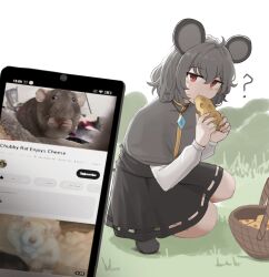 Rule 34 | 1girl, ?, absurdres, animal ears, basket, black shoes, capelet, cheese, crystal, dress, eating, english text, food, grey dress, grey hair, grey skirt, grey vest, highres, jewelry, layered clothes, long sleeves, mata (matasoup), mouse (animal), mouse ears, mouse girl, mouse tail, nazrin, pendant, red eyes, shirt, shoes, short hair, skirt, skirt set, socks, solo, tail, touhou, vest, white capelet, white shirt