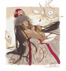1girl 2018 absurdres applying_makeup bare_arms bare_shoulders bird black_hair border bridal_veil bride chinese_commentary cloud cloudy_sky commentary_request cropped_torso dove dress english_text envelope expressionless fishnets floating_clothes flower grey_eyes hair_flower hair_ornament heart highres letter lilith_(shining_nikki) lipstick long_dress long_hair looking_at_viewer love_letter makeup nikki_(series) open_mouth outdoors petals red_flower red_lips red_rose rose rose_petals see-through_clothes see-through_veil shining_nikki signature sky solo stars_zhangzhang strapless strapless_dress sunset valentine veil very_long_hair wedding_dress white_border white_dress white_flower white_rose white_veil