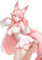 1girl :d absurdres animal_ear_fluff animal_ears armpit_crease ass blue_eyes blush breasts choker claw_pose cleavage cowboy_shot detached_sleeves dress fang finger_to_face fox_ears fox_girl fox_tail hair_flaps highres indie_virtual_youtuber large_breasts leg_ribbon long_hair looking_at_viewer mochiimochii_(vtuber) open_mouth pink_hair pink_nails pink_ribbon regiana_(jubi) ribbon second-party_source short_dress simple_background skin_fang skindentation sleeveless sleeveless_dress smile solo strapless strapless_dress tail thigh_ribbon very_long_hair virtual_youtuber white_background white_choker white_dress white_sleeves wide_sleeves