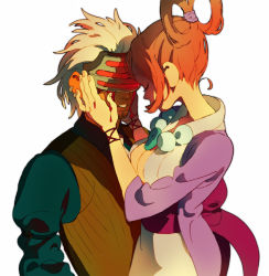 1boy 1girl mia_fey pearl_fey bad_id bad_pixiv_id blood bloody_tears capcom godot_(ace_attorney) ace_attorney phoenix_wright:_ace_attorney_-_trials_and_tribulations hands_on_another&#039;s_face japanese_clothes magatama ninton orange_hair short_hair vest visor white_background white_hair