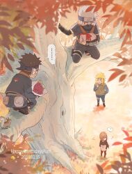 ... 1girl 3boys ? black_hair blonde_hair blush bouquet flower grey_hair happy_birthday hatake_kakashi highres holding holding_bouquet jacket looking_at_another mask meitarou mouth_mask multiple_boys namikaze_minato naruto_(series) naruto_shippuuden nohara_rin red_flower spiked_hair spoken_ellipsis tree uchiha_obito