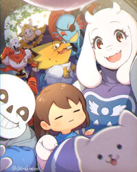 1other 3boys 3girls ^_^ alphys animal annoying_dog asgore_dreemurr beard black_tank_top blonde_hair blue_jacket blue_shirt blue_skin blush brothers brown_eyes brown_hair cape carrying carrying_person closed_eyes closed_mouth colored_skin commentary_request dog eyepatch eyeshadow facial_hair fangs fingernails fins fish_girl frisk_(undertale) furry furry_female glasses gloves grey_hood grin hair_behind_ear head_fins highres hood hood_down hooded_jacket horns jacket looking_at_viewer makeup multiple_boys multiple_girls one_eye_covered open_mouth papyrus_(undertale) ponytail purple_cape red_eyeshadow red_footwear red_gloves red_hair red_scarf sans_(undertale) scarf shirakino shirt short_hair siblings skeleton skin_fangs smile tank_top teeth toriel turtleneck twitter_username undertale undyne upper_teeth_only v white_dog yellow_skin yellow_teeth