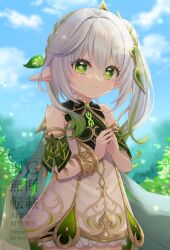 1girl bare_shoulders bloomers blue_sky blurry blurry_background bracelet cape closed_mouth cloud commentary_request day detached_sleeves dress gem genshin_impact gold_trim green_cape green_eyes green_gemstone green_hair green_sleeves hair_between_eyes hair_ornament highres jewelry kikudzuki_mikan leaf_hair_ornament long_hair looking_at_viewer multicolored_hair nahida_(genshin_impact) outdoors own_hands_together pointy_ears side_ponytail sky sleeveless sleeveless_dress smile solo star-shaped_pupils star_(symbol) steepled_fingers symbol-shaped_pupils underwear white_bloomers white_dress white_hair