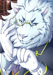 1boy animal_ears black_coat boneless_hamham closed_mouth coat commentary_request furry furry_male gloves highres lion_boy lion_ears lion_mane male_focus monocle snow_(housamo) tokyo_houkago_summoners upper_body whiskers white_gloves