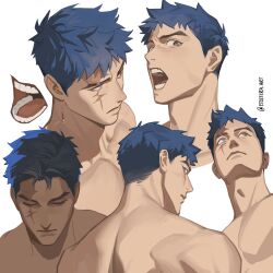 Rule 34 | 1boy, adam&#039;s apple, blue hair, commentary, cropped shoulders, earrings, english commentary, etceteraart, from behind, heterochromia, highres, jewelry, looking at viewer, looking back, looking to the side, looking up, male focus, multiple views, nude, open mouth, original, scar, scar across eye, scar on face, short hair, single earring, toned, toned male, twitter username, white background, yu hai (etceteraart)