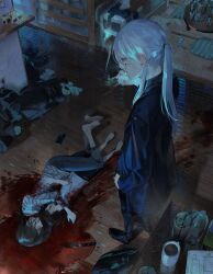 Rule 34 | 1girl, 2boys, black jacket, black pants, black shoes, black suit, blood, blood on arm, blood on clothes, blood on face, blood on feet, blood on ground, blood on leg, blood splatter, bottle, brown hair, cigarette, closet, cup, floor, formal clothes, hair between eyes, highres, holding, holding cigarette, indoors, jacket, looking down, mizumi zumi, mother and son, multiple boys, murder, original, pants, pillow, ponytail, scar, scar on face, shadow, shoes, short hair, smoke, smoking, solo focus, standing, suit, table, teacup, trash bag, white hair, wooden floor